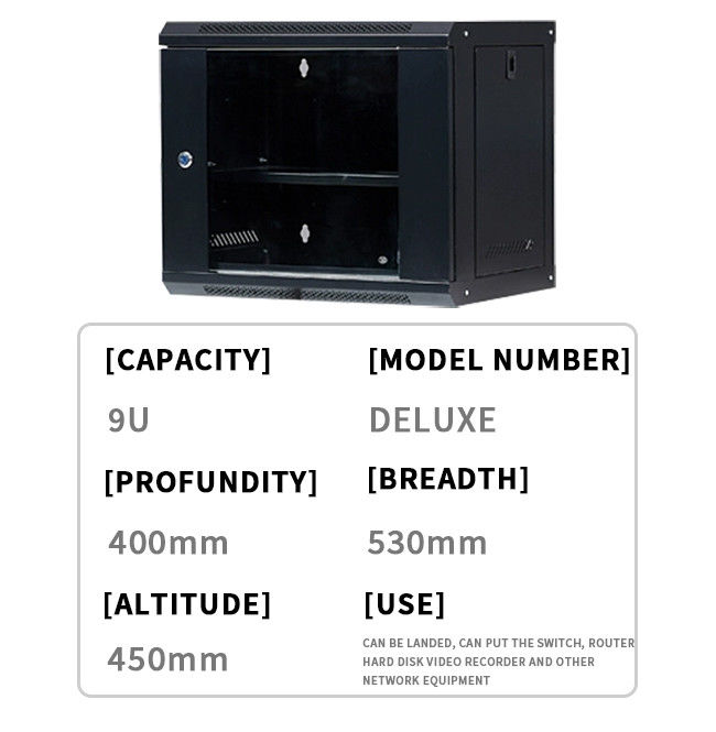 9U Servidor de Rede Cabinet Rack Enclosure Plexiglass Door Lock 400mm Profundidade, Mural Mount